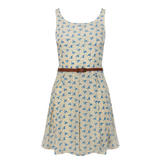 Cream Bird Print Belted Dress